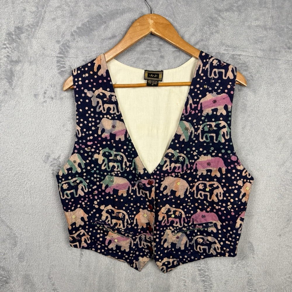 A.J Vest Elephant Graphic Cotton Made In India M Beaded‎ Boho Gypsy Peasant